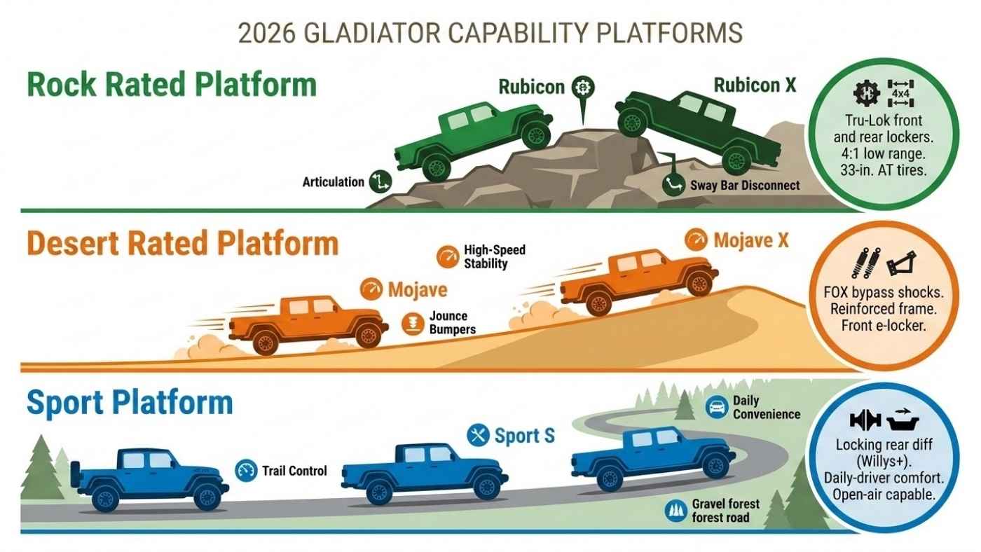 2026 Jeep Gladiator capability platforms highlighting Sport, Mojave, and Rubicon trims by off-road purpose.