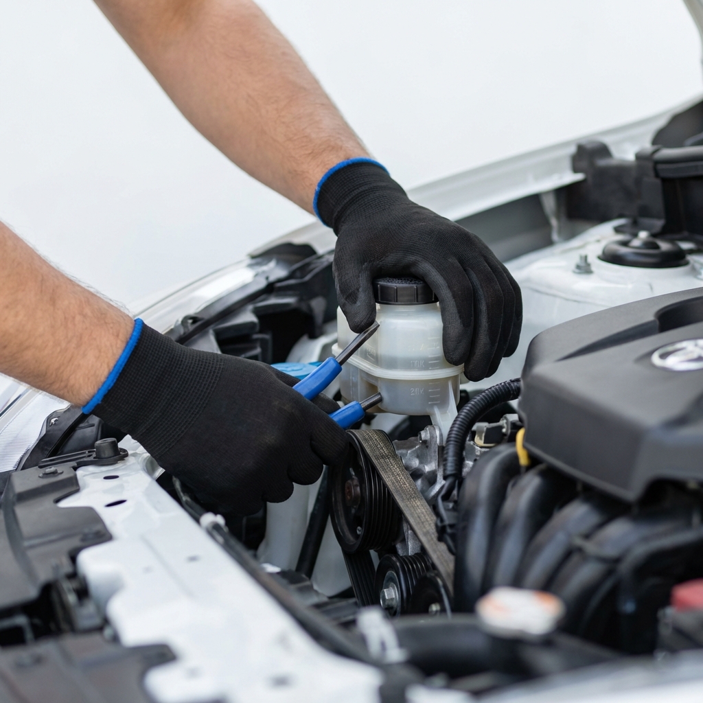 Close up of mechanic hands inspecting engine belts and fluid levels under an open hood for minivans for sale clean white background with CarFax Deals blue accents