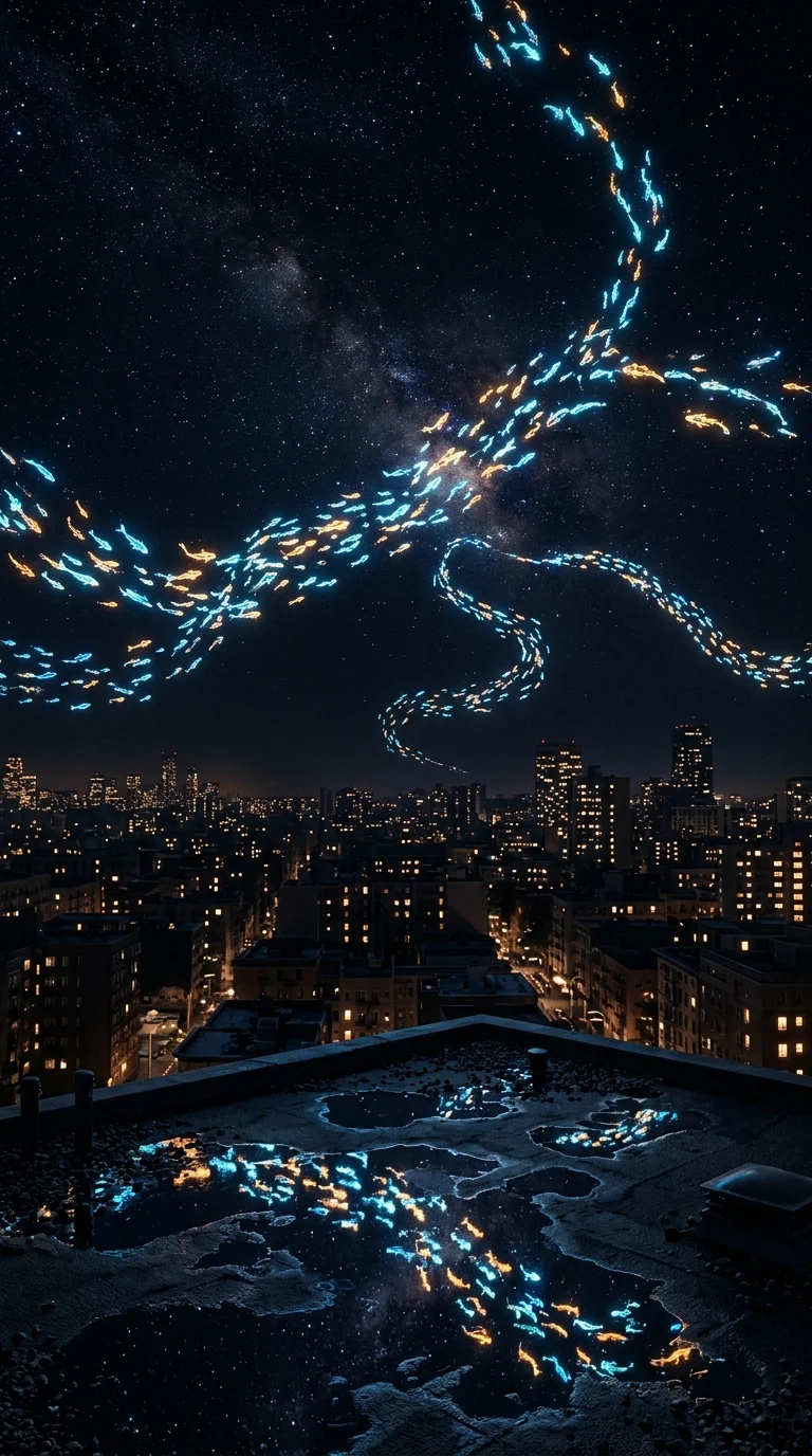 Tiny Glowing Koi Swimming Over Sleeping Midnight City - Free 8K and 4K mobile Wallpaper Background