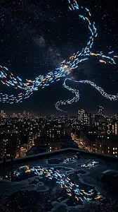 Tiny Glowing Koi Swimming Over Sleeping Midnight City