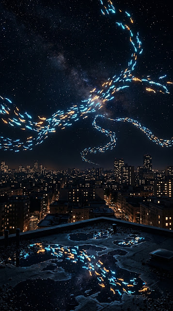 Tiny Glowing Koi Swimming Over Sleeping Midnight City - Free mobile Wallpaper