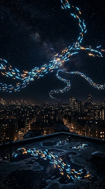 Tiny Glowing Koi Swimming Over Sleeping Midnight City