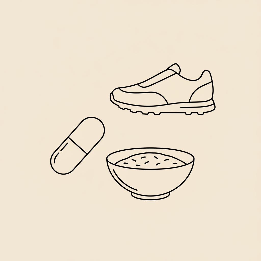 Tonum-style line illustration of a capsule, a bowl of fiber, and a walking shoe on a beige background, representing the best supplement to lower glucose