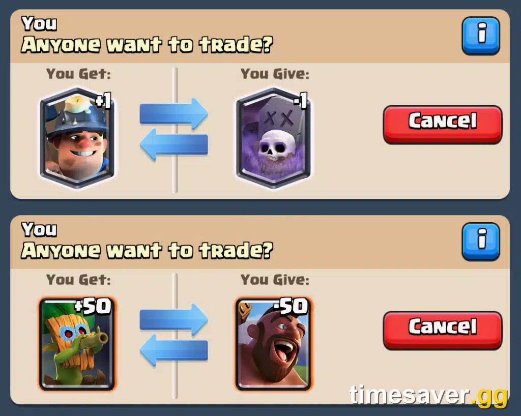 Pending Trade Token trades posted to a Clash Royale Clan chat — each offer is one card for one card of the same rarity, with a Cancel button until a clanmate accepts.