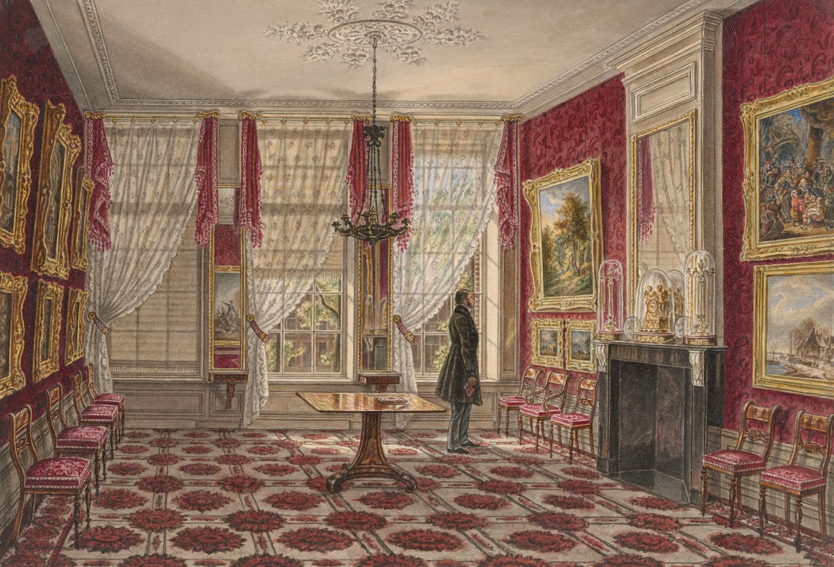19e eeuws interieur met schilderijen en staande figuur 1842   1848