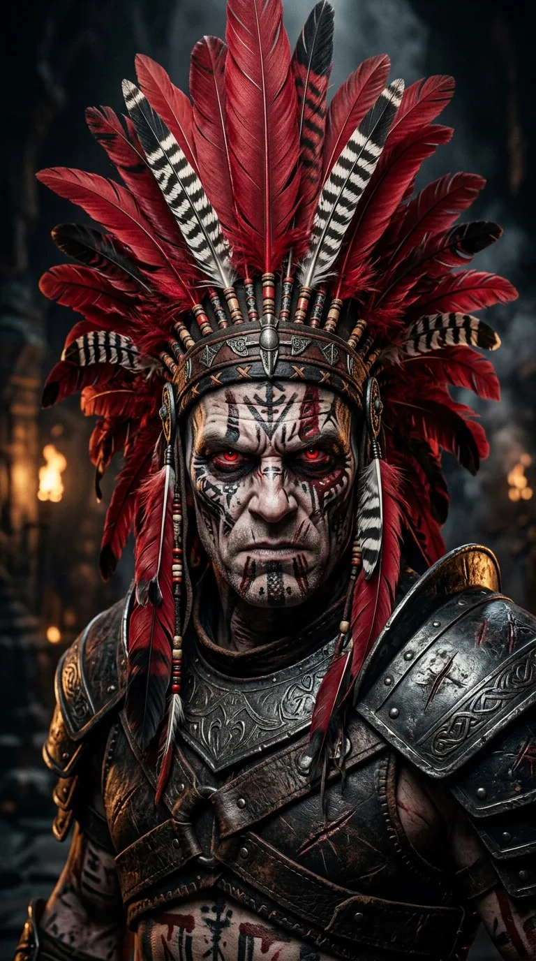 Close-up of Warrior in Colossal Red and Black Indigenous Headdress - Free 4K mobile Wallpaper