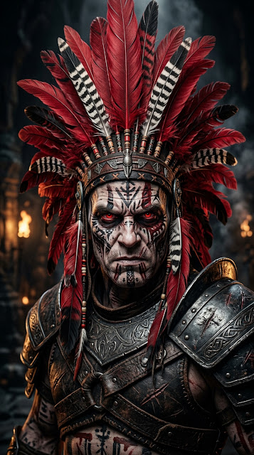 Close-up of Warrior in Colossal Red and Black Indigenous Headdress - Free mobile Wallpaper