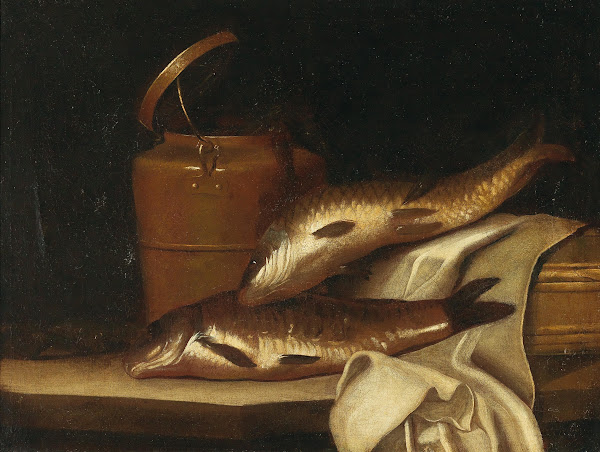 A still life with carps in front of a copper kettle