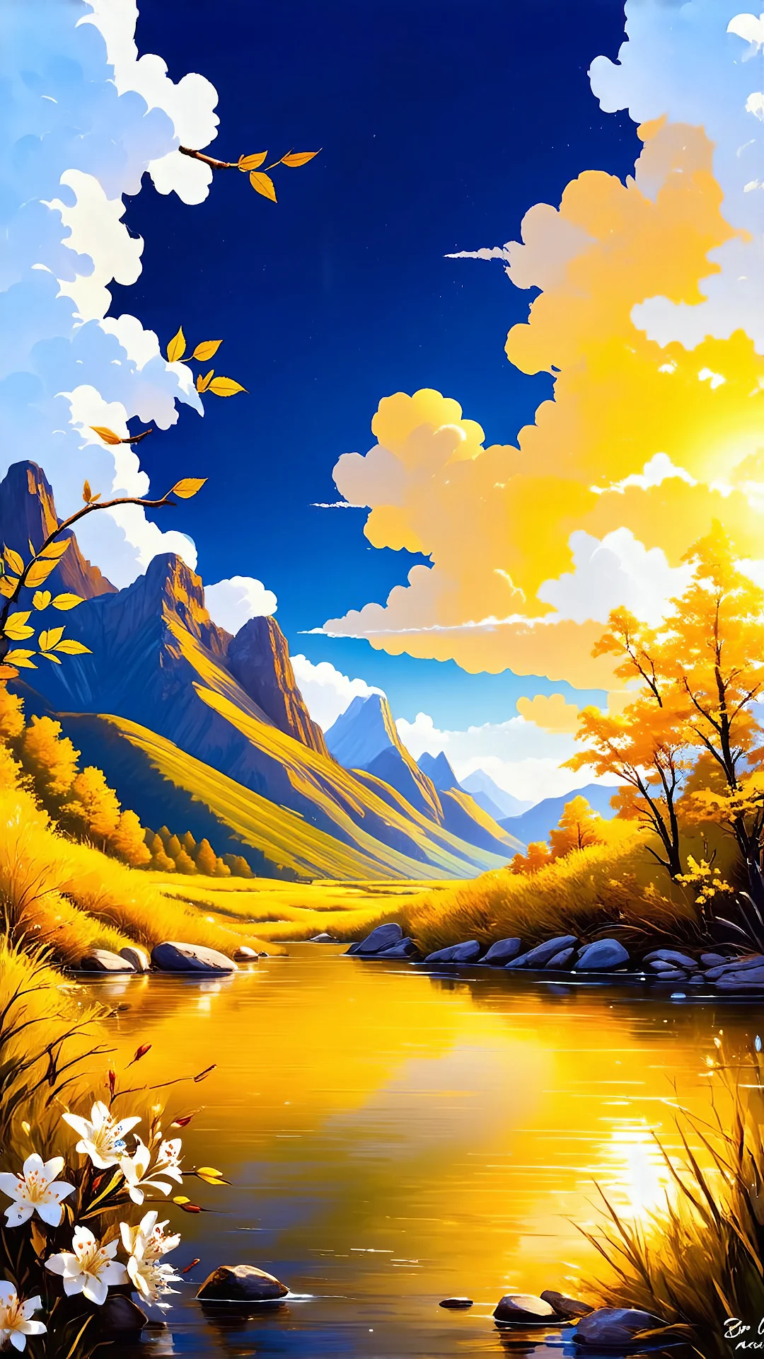 Golden River Through Autumn Mountains at Sunrise - Free 4K mobile Wallpaper
