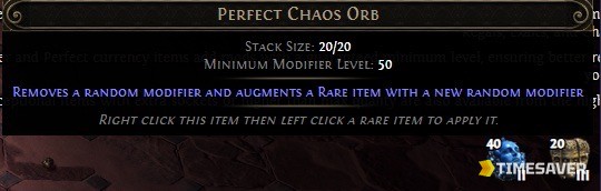 PoE2 Perfect Chaos Orb in-game tooltip showing Minimum Modifier Level 50 and the remove-and-add-a-modifier function