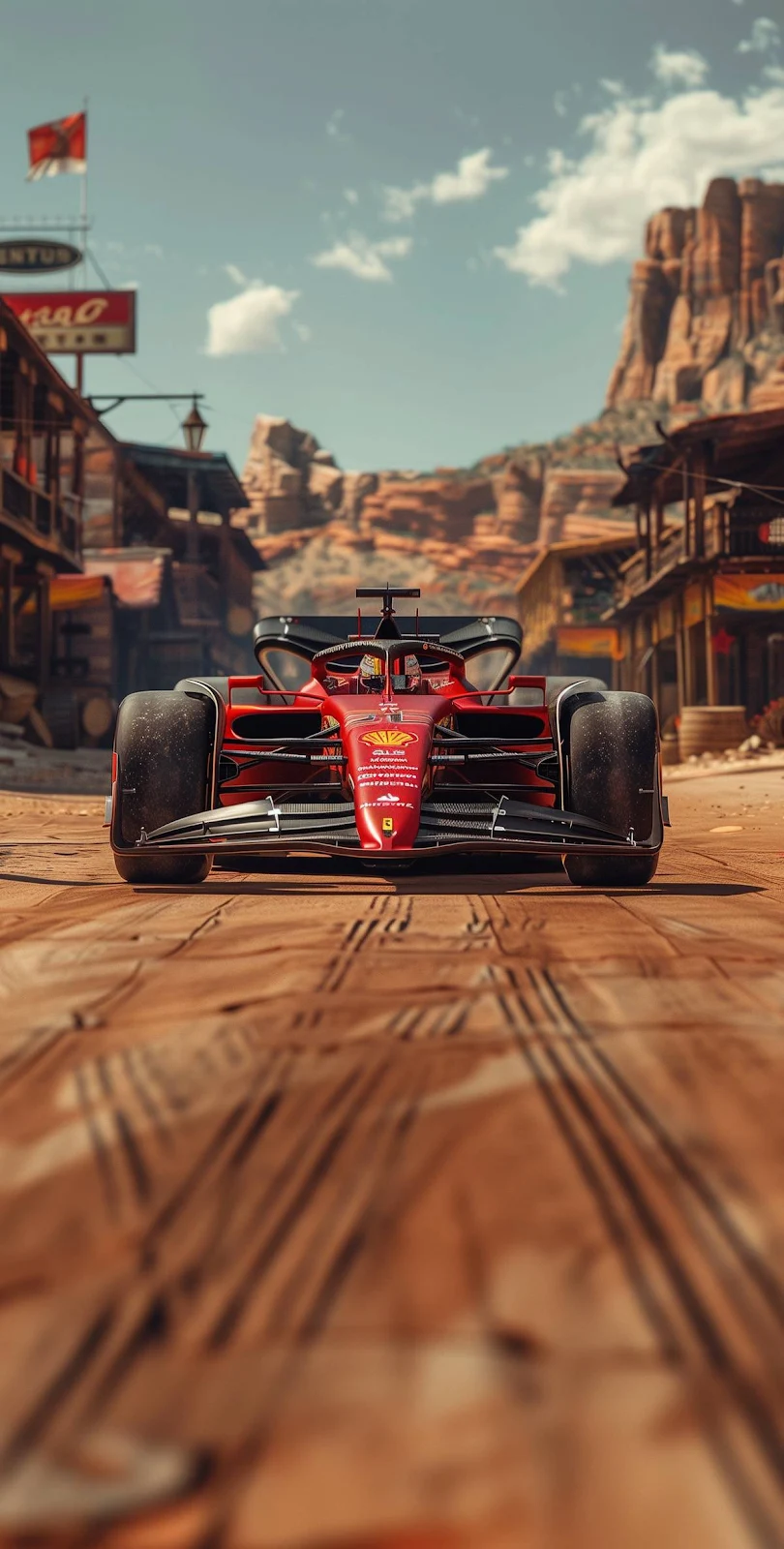 Ferrari F1 Car in Wild West - Digital Art Full HD iPhone Wallpaper (1200x2369)