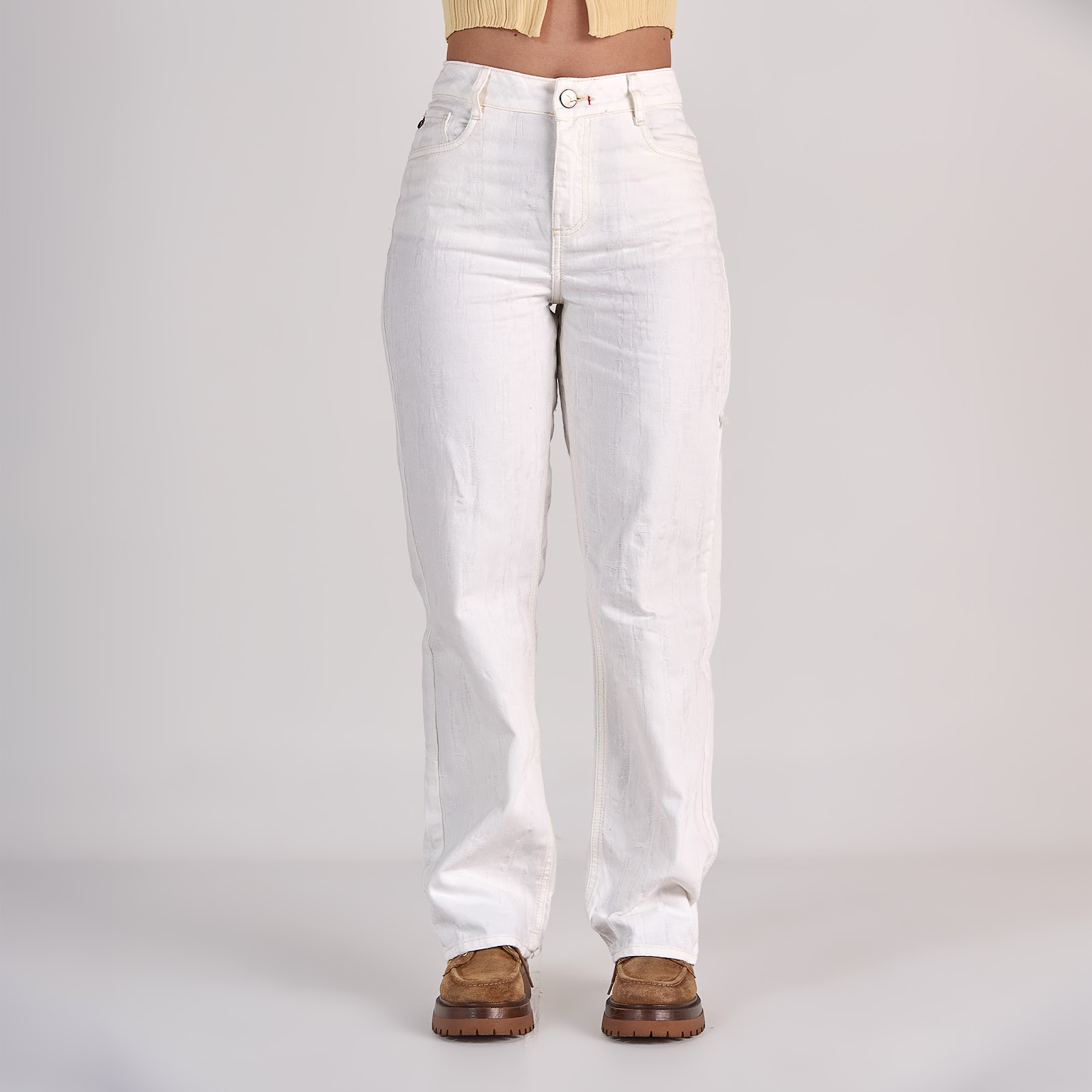 Jean straight tiro medio en denim rígido 100% algodón, color ivory - Vista 3