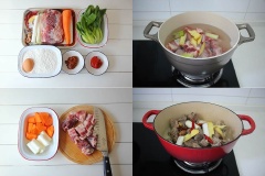 Thịt bò làm sạch, cắt miếng vuông. Cà rốt gọt vỏ, cắt lát. Hành cắt khúc, gừng xắt lát. Thịt bò cho vào nồi cùng gừng, hành đun sôi với nước rồi vớt ra rửa lại. Đun nóng dầu ăn trong nồi, cho thịt bò, hành, gừng, ớt khô, hoa hồi vào đảo đều rồi thêm tương cà, tương đậu đen vào khuấy đều. Cho đường và nước tương vào đảo đến khi có màu caramel thì chế ngập nước, thêm lá nguyệt quế, cà rốt, đun sôi rồi hạ nhỏ lửa hấm tiếng. Khoảng 40 phút sau thì nêm chút muối vào và tiếp tục hầm.