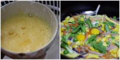 Trứng đập ra chén, đánh tan với chút muối. Đổ trứng vào chảo rau củ, tráng đều rồi đập thêm 2 quả trứng cút, cho cải bó xôi vào. Chiên đến khi trứng chín thì tắt bếp. Gắp trứng ra dĩa, rắc thêm chút tiêu xay và ăn cùng cơm nóng.