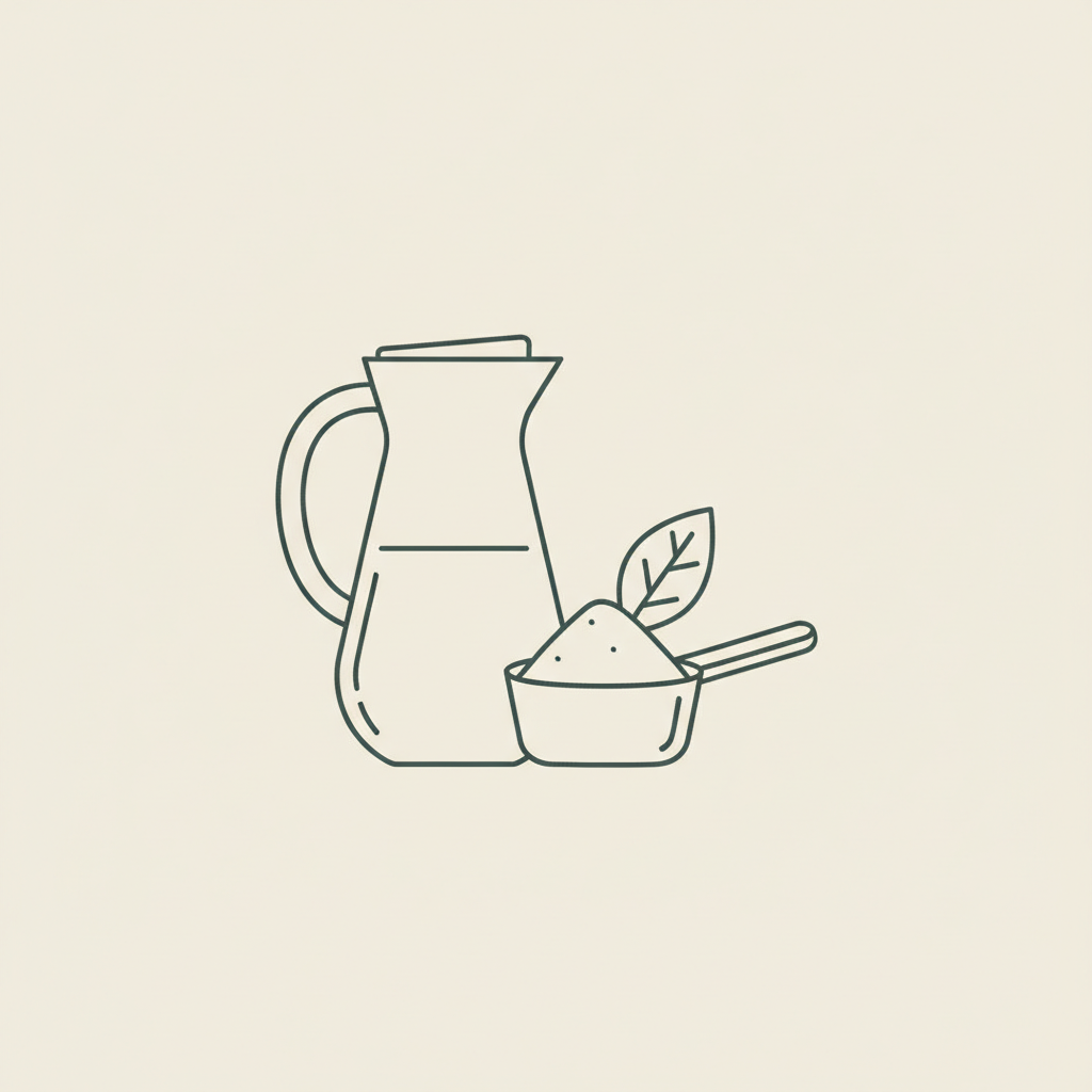 Minimal Tonum-style line illustration of a water carafe, protein powder scoop and leaf suggesting plant protein for protein shakes kidneys
