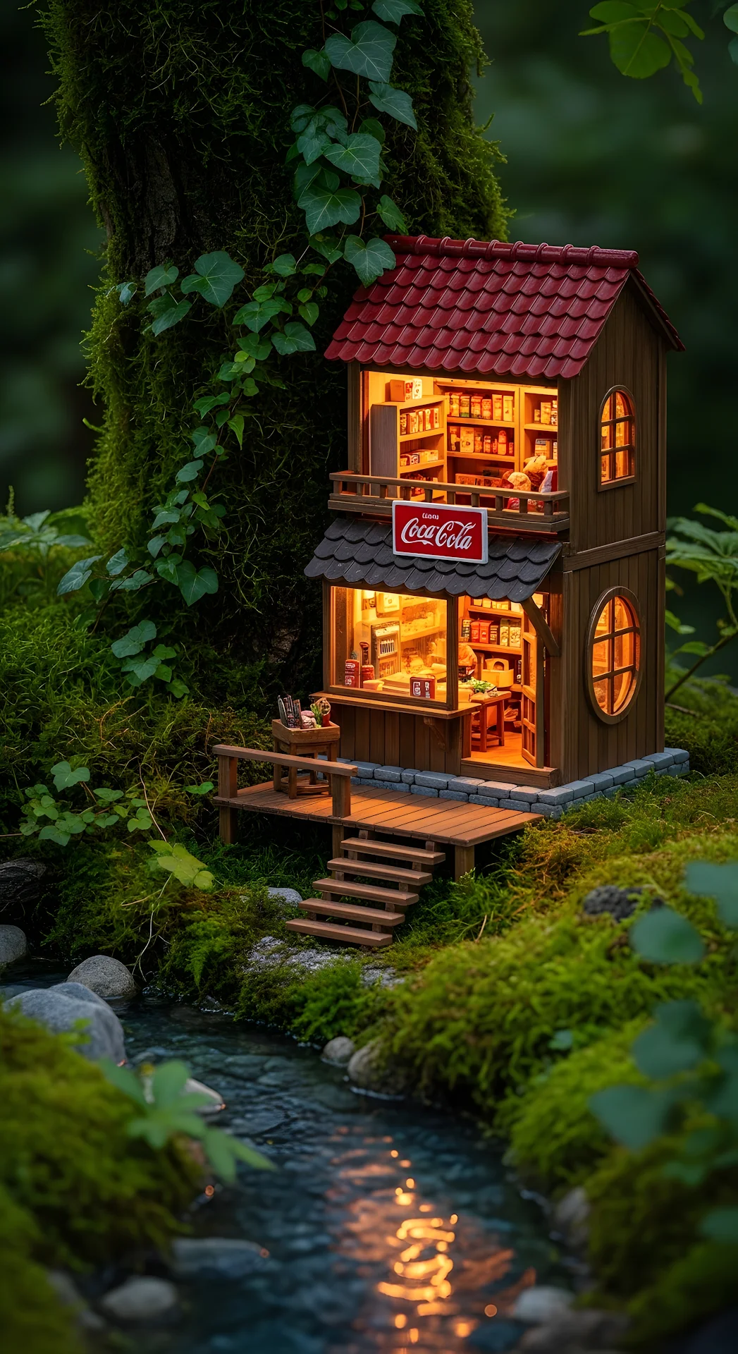 Cozy Miniature Forest Store Diorama by Mossy Stream - Free 4K mobile Wallpaper