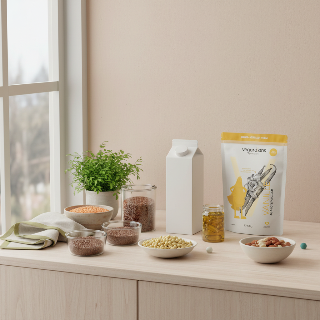 Minimalistische Küchenarbeitsfläche mit Linsen, Kichererbsen, Leinsamen, Nüssen, angereicherter Pflanzenmilch und Algenöl-Kapseln – Nachteile veganer Ernährung