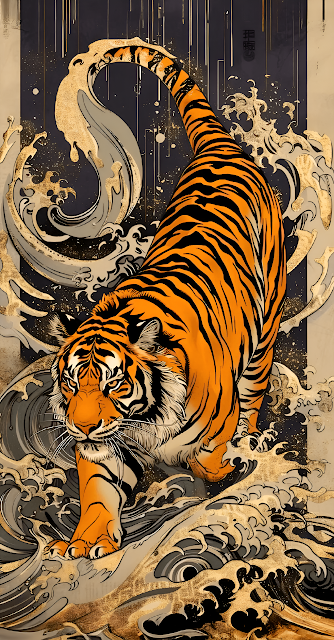 Majestic Tiger in Japanese UkiyoE Style with Gold Waves - Free mobile Wallpaper