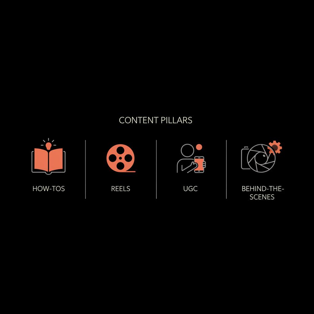 Minimal full-frame infographic on a black background showing content pillars How-tos, Reels, UGC, Behind-the-scenes with clean icons and brand accents #dc5c2b and #dddddd — 80/20 rule on Instagram