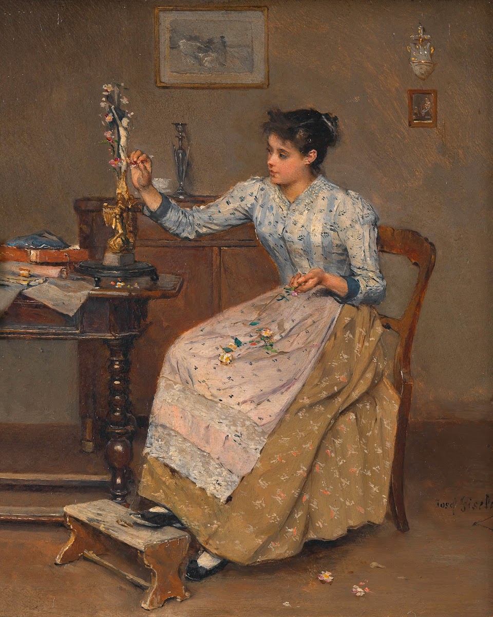 Mädchen ein Kruzifix mit Blumen schmückend around 18901895