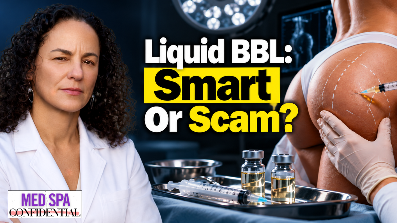 Dr. Kate Dee on Med Spa Confidential discussing a podiatrist offering an illegal liquid BBL