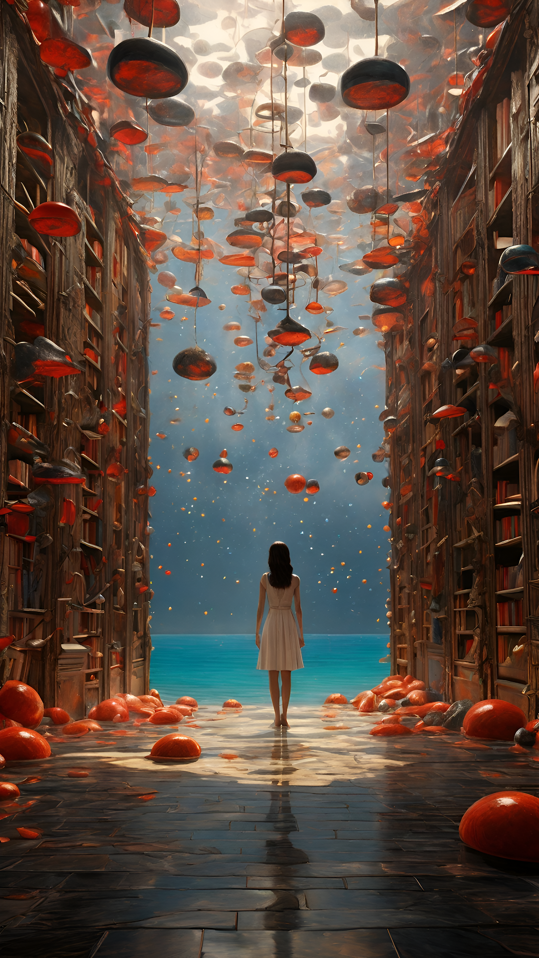 Woman in White Dress Walking Through Surreal Library to Ocean - Free 4K mobile Wallpaper
