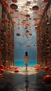 Woman in White Dress Walking Through Surreal Library to Ocean