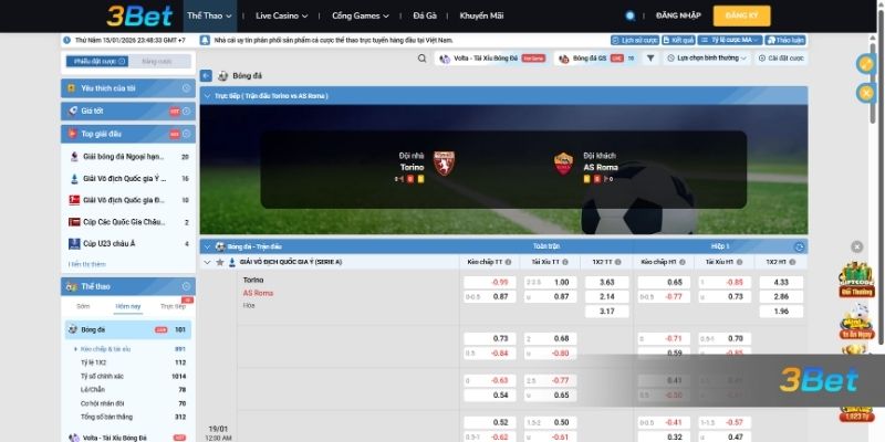 Tỷ lệ kèo Torino vs AS Roma 00h00 ngày 19/01/2026