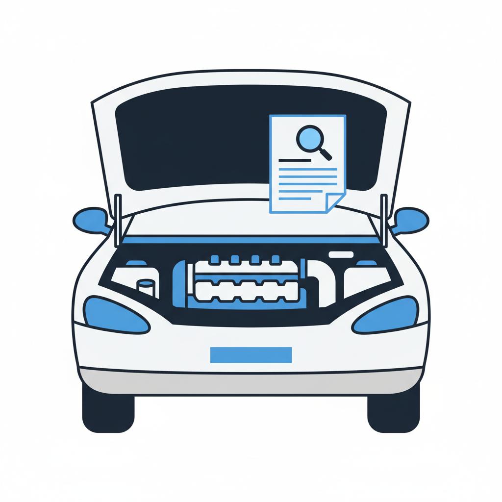 Minimalist vector illustration of an open engine bay with a service invoice on the hood and a magnifying glass indicating inspection honda cr v for sale near me