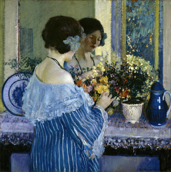 Girl in Blue Arranging Flowers 1915