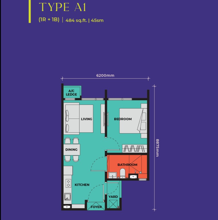 The Vividz Type A1 floor plan — 484 sq ft, 1 bedrooms