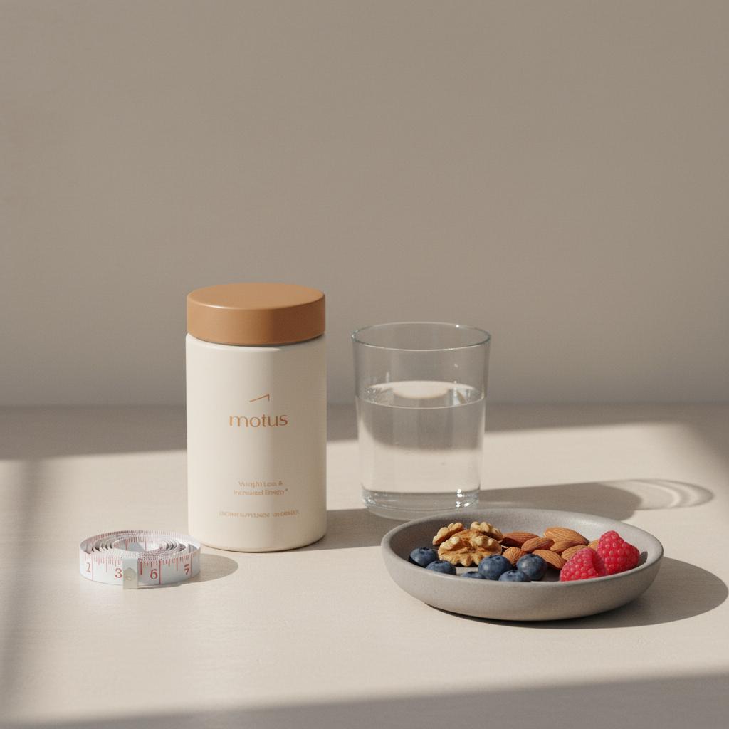 Tonum Motus bottle on a neutral kitchen counter next to a glass of water, folded measuring tape and bowl of nuts and berries — early signs of insulin resistance