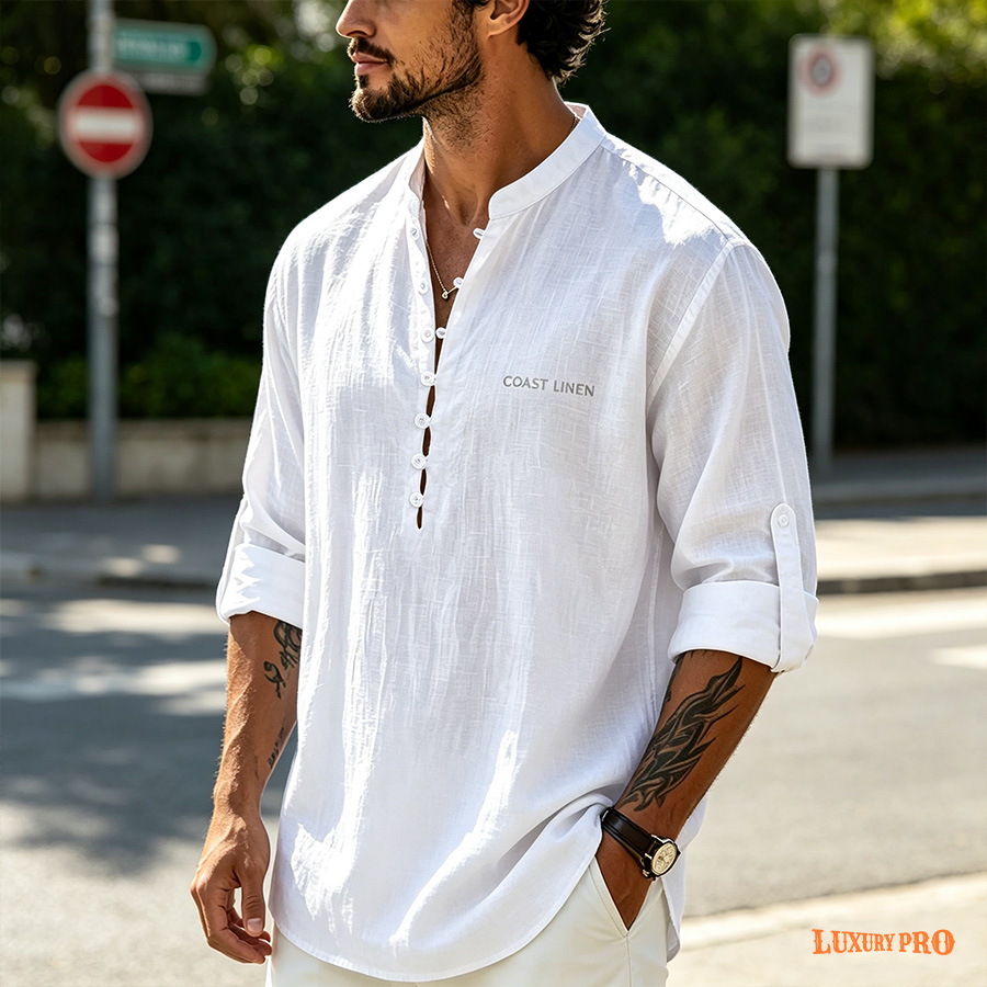 2D‑Linen‑look Stand‑collar Button‑front Shirt