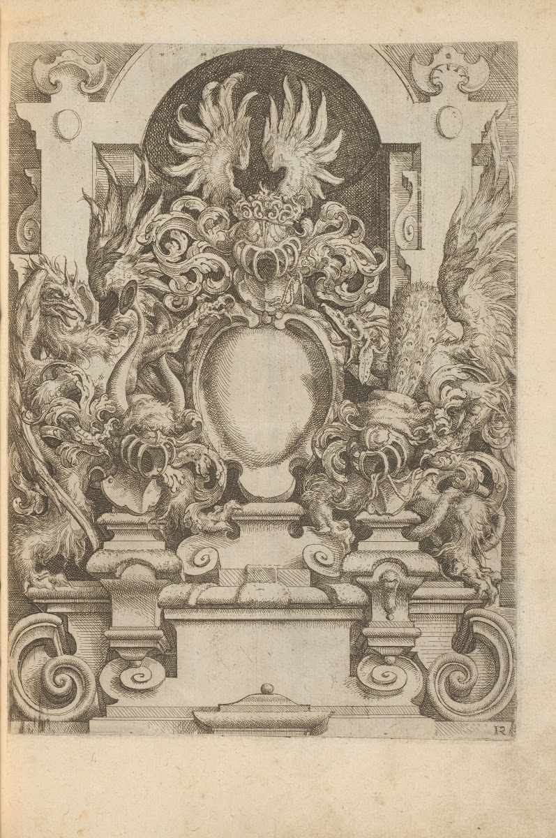 Cartouche on a pedestal flanked by two large birds of prey 1593 1595