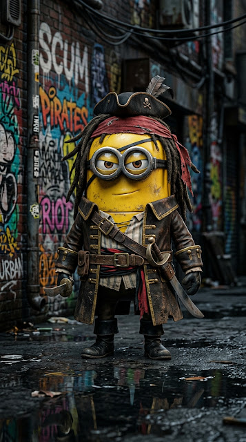 Yellow Capsule Character Dressed as a Pirate Captain in a Gritty Alley - Free mobile Wallpaper