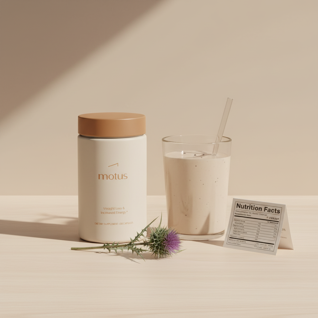 Minimalist still-life of Motus supplement jar beside a meal-replacement shake, folded nutrition label card and milk thistle sprig on a wooden table, emphasizing weight loss powder safety