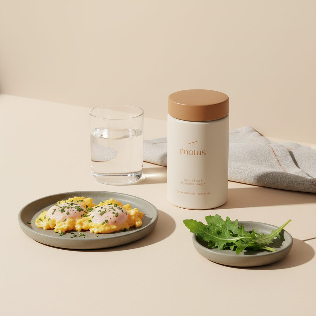 Minimalist breakfast with Motus supplement bottle beside a plate of eggs and milk thistle leaves, illustrating causes of slow metabolism in a clinical-warm, health-focused setting.