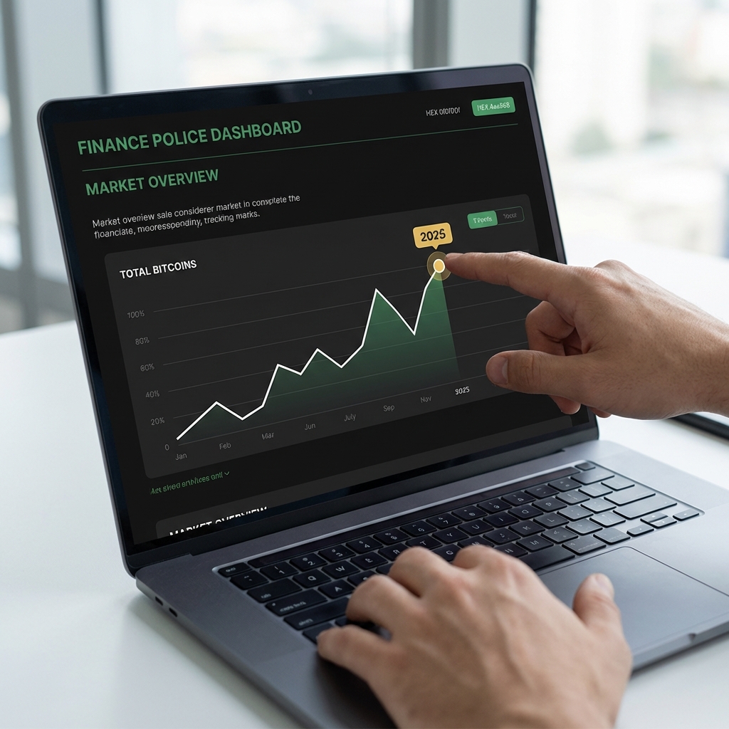 Close up laptop showing live crypto market total bitcoins chart with hands pointing at the 2025 data point on a clean Finance Police style dashboard