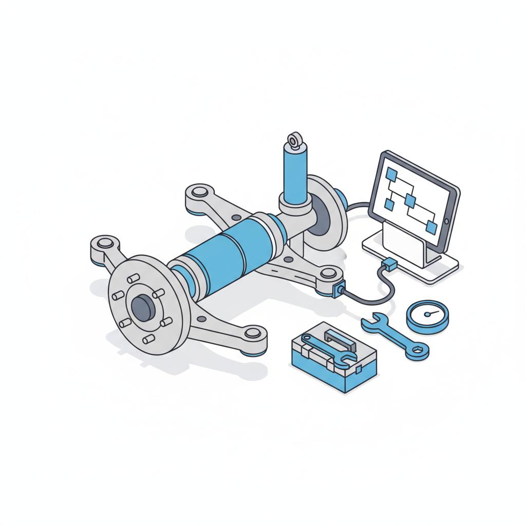Minimalist 2D vector of a luxury SUV suspension and air springs on a workshop lift with diagnostic tablet and tools no people used range rover for sale