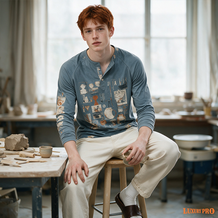 2D Henley Neck Long Sleeve T-shirt