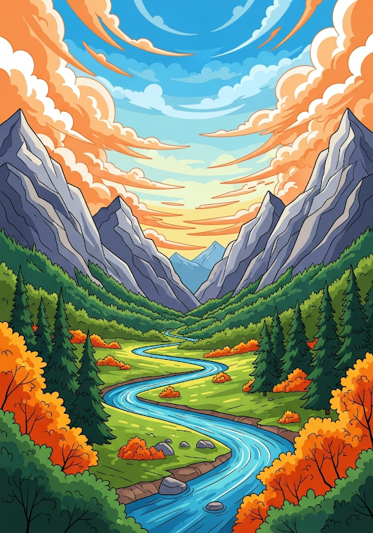 Vibrant Autumn Mountain River Valley