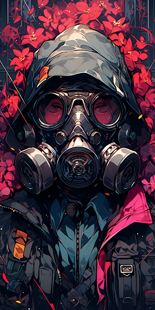 Gas Mask Portrait Red Flowers Dystopian Graphic Novel - Free mobile Wallpaper
