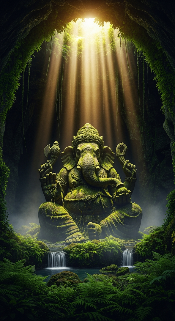 Majestic Ganesha Statue in Sunlit, Overgrown Jungle Cave