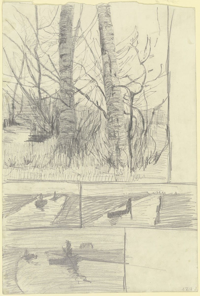 Birkenstämme  Drei Studien eines Moorkanals mit Kähnen 1899