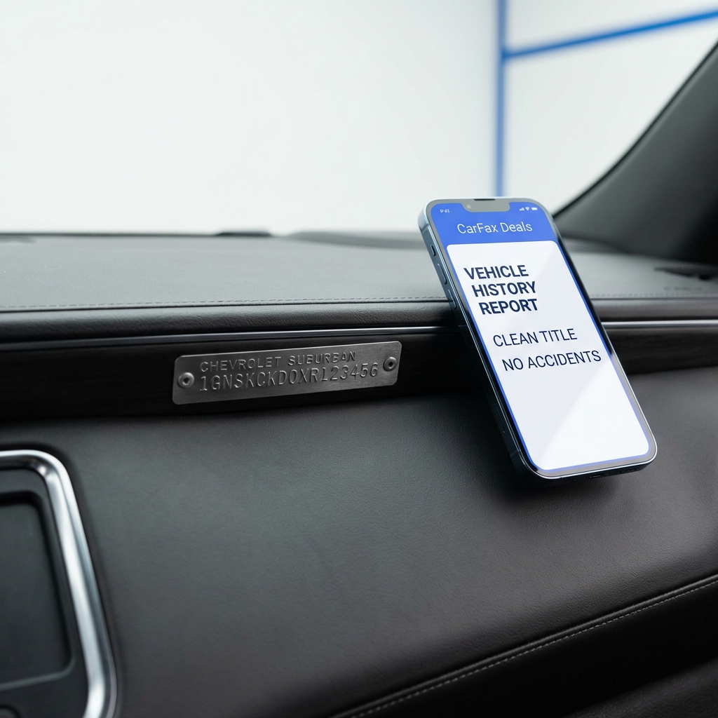 Close up of a chevy suburban for sale showing VIN plate on dashboard next to a smartphone displaying a vehicle history report on a clean white background