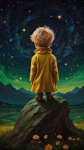 Child in Yellow Coat Gazing at Swirling Starry Sky from Rock
