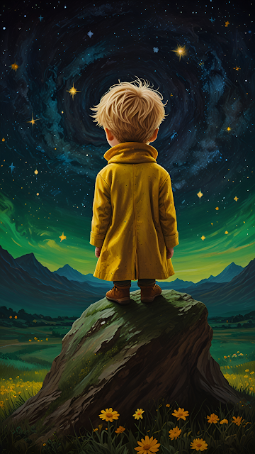 Child in Yellow Coat Gazing at Swirling Starry Sky from Rock - Free mobile Wallpaper