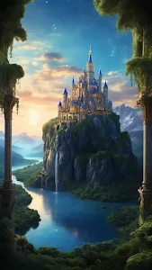 Majestic castle perched on cliff overlooking river at sunset