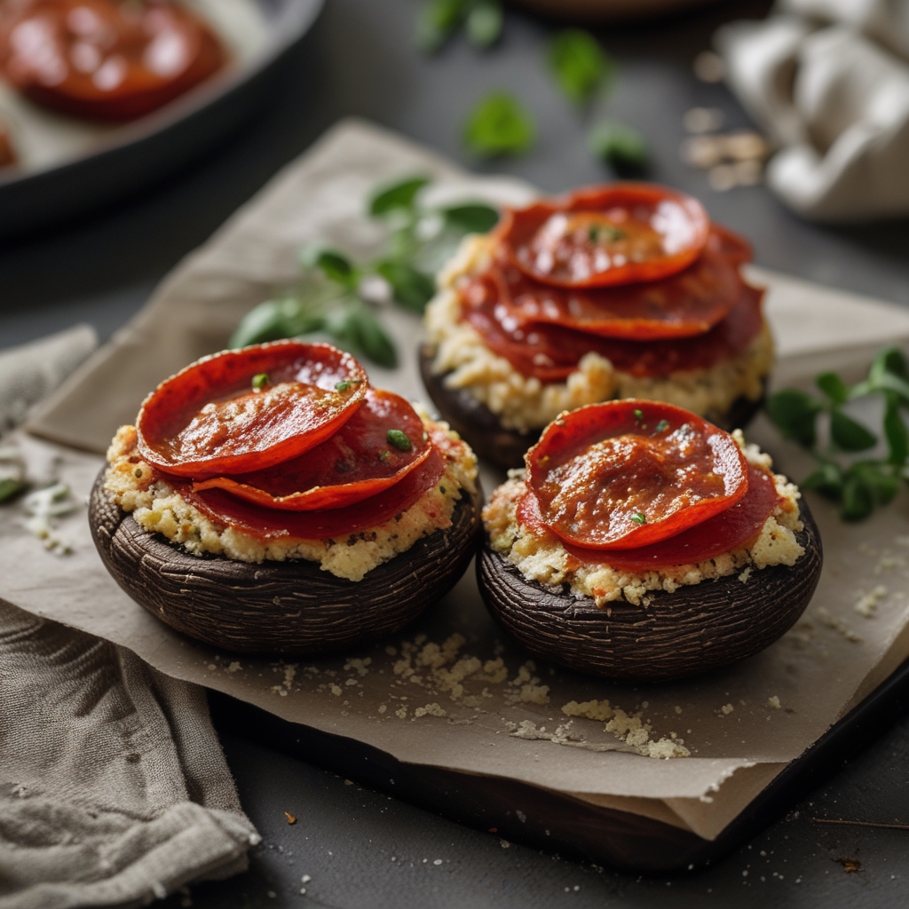Spicy Pepperoni-Stuffed Portobello Mushrooms with Garlic Parmesan Crust