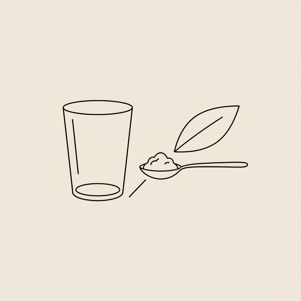 Minimalist line illustration of a water glass, spoon with powder, and leaf on beige background representing psyllium husk plant-based fiber
